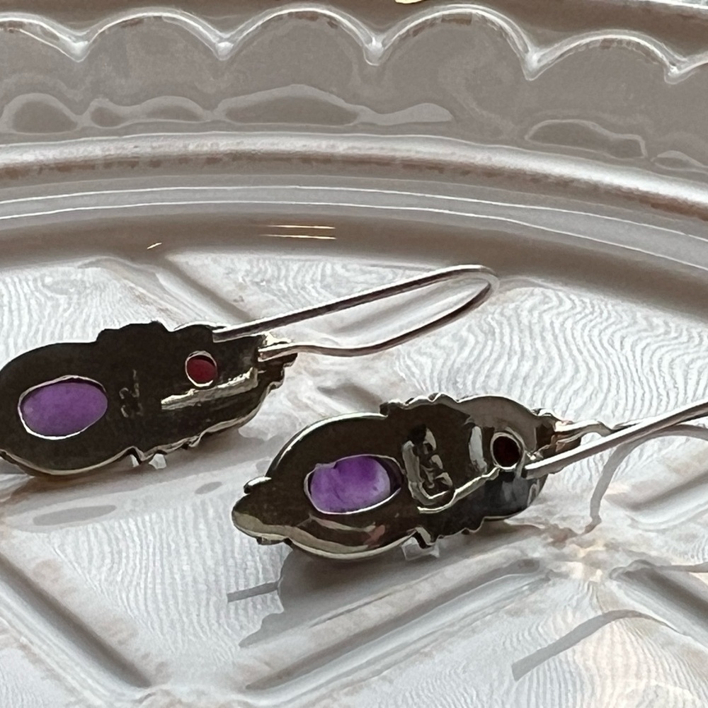 Dangle Earrings Vintage Sterling Silver Purple Cabochon Stones - Picture 3 of 4